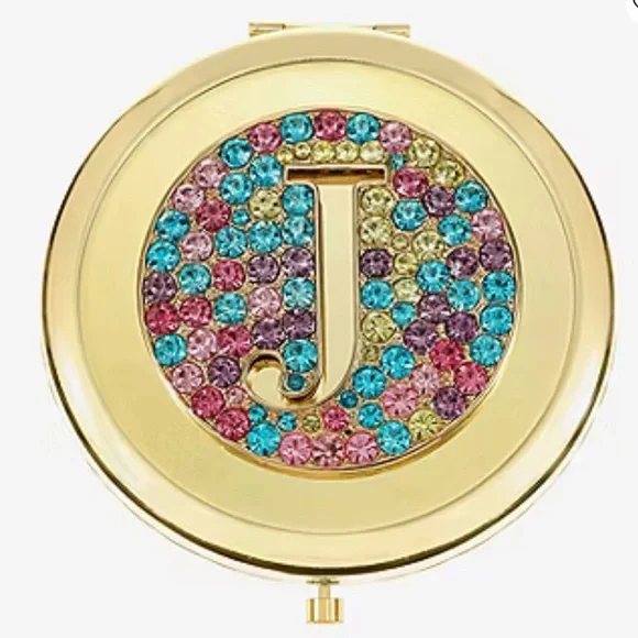 Monet Jewelry Initial Gold Tone Round Compact RhinestoneMirror Compact Initial J - Picture 2 of 4
